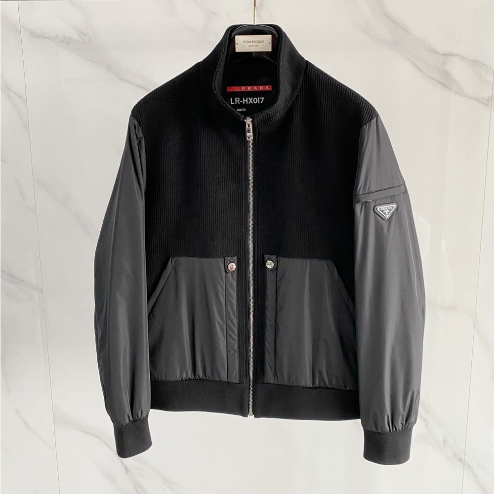 Prada Black Mixed-Media Varsity Bomber Jacket